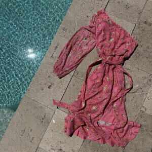 Hemant & Nandita Pink Floral Midi Vacation Dress with Belt XL